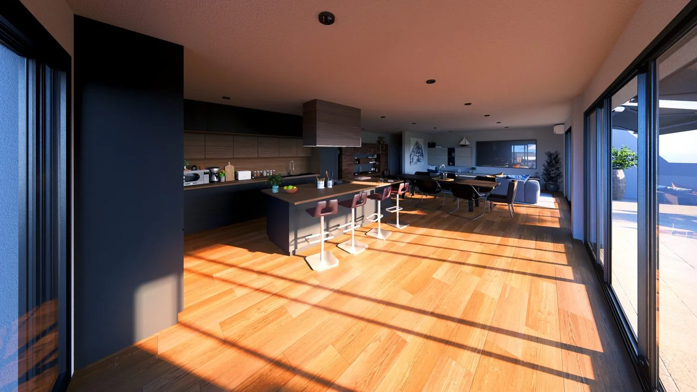 Salón y cocina en planta abierta, visualización 3D Rendex