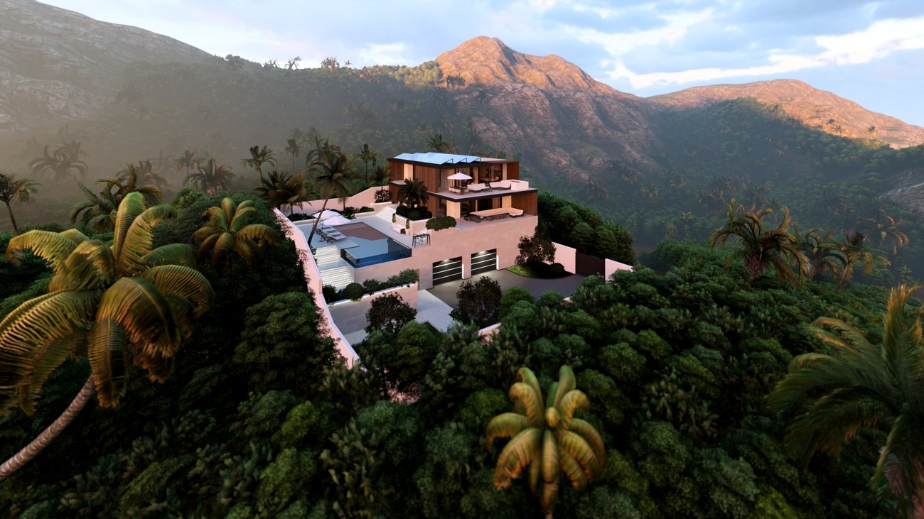 Vista aérea de una villa, con la piscina integrada en el desnivel del terreno.