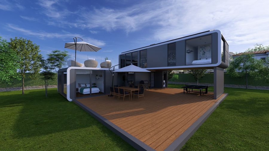 Vivienda modular tipo contenedor, con piscina y terraza de madera.
