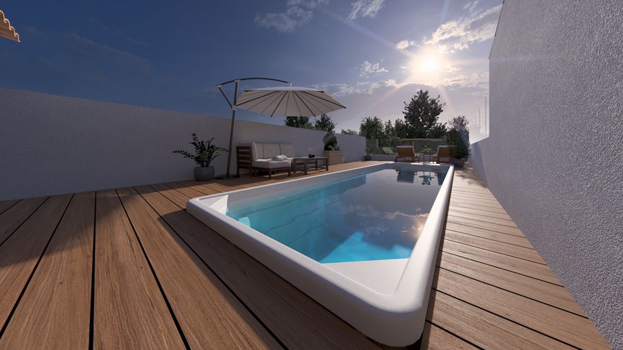 Piscina elevada integrada en la tarima, primer ángulo.