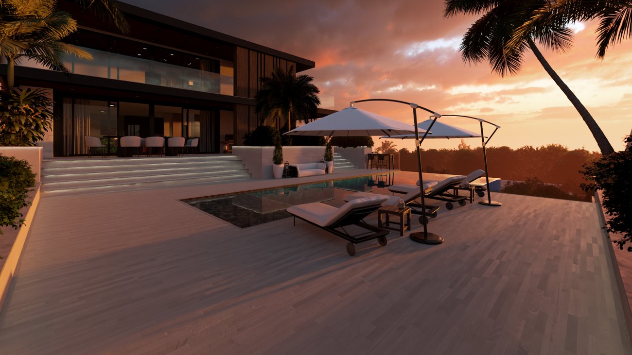 Piscina y porche al atardecer, con vistas abiertas al paisaje.