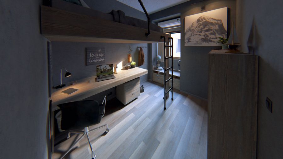 Habitación juvenil con zona de estudio y litera.