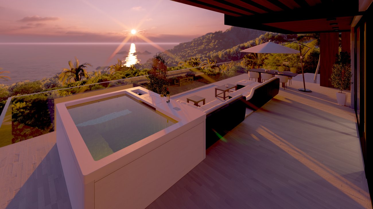 Jacuzzi exterior al atardecer, con vistas al mar.